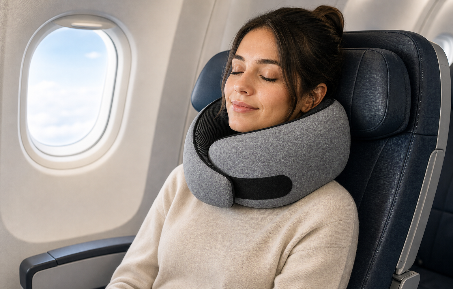 Traveler resting with CloudRest pillow on an airplane