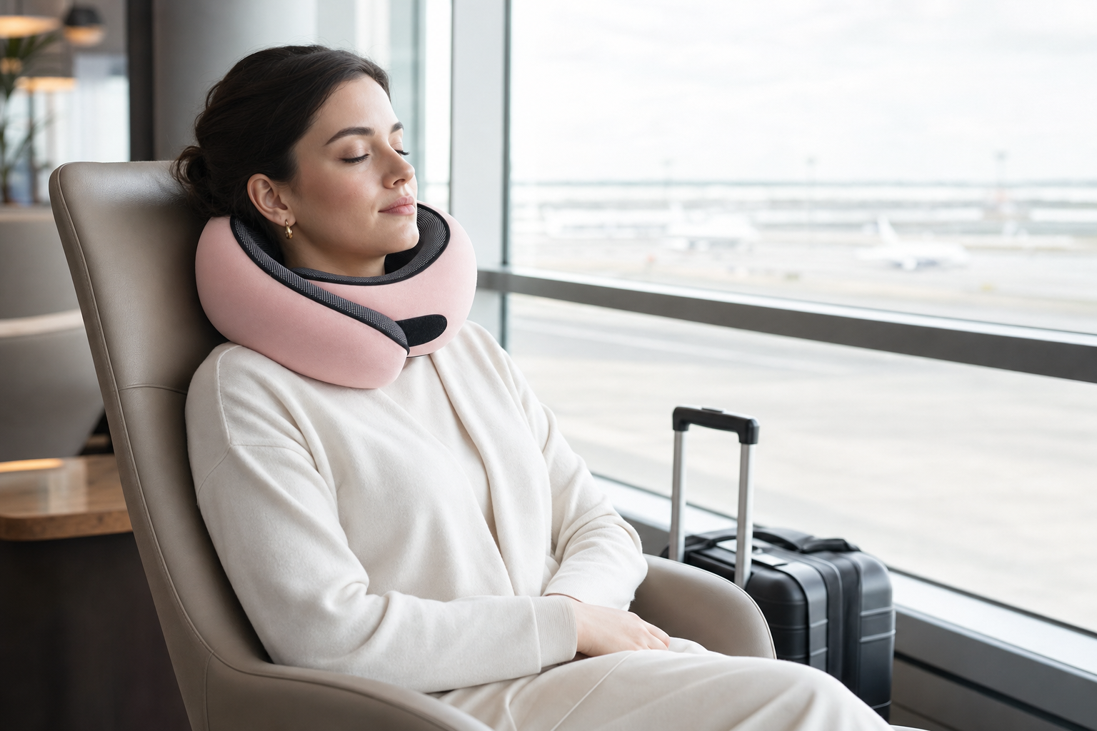 Traveler wearing blush pink CloudRest pillow in an airport lounge
