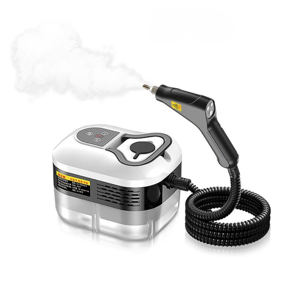 White and black steam cleaner with hose and handheld spray gun