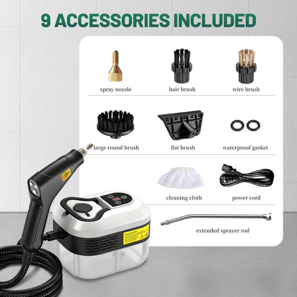 Steam cleaner being used on multiple household surfaces