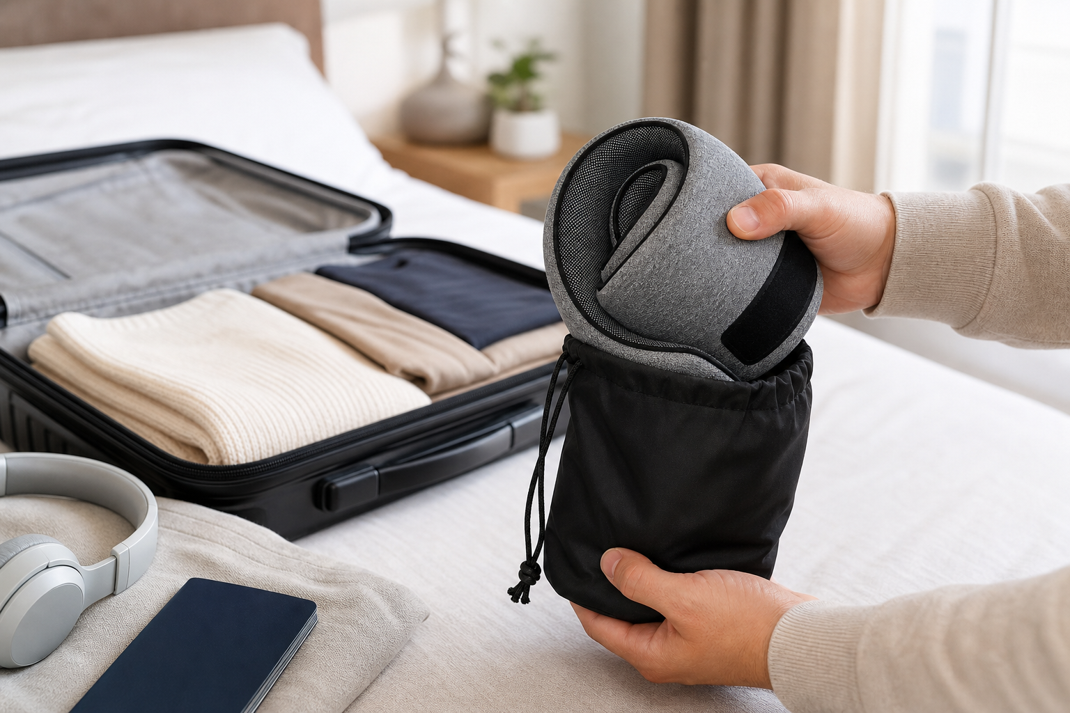 CloudRest pillow being rolled into its travel pouch