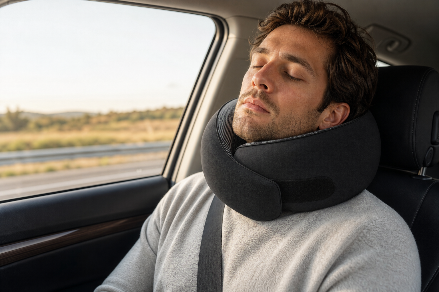 Passenger resting with black CloudRest pillow during a road trip
